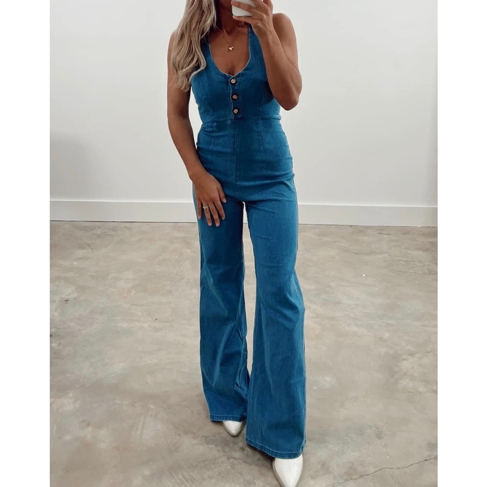 Denim blue Jean halter neck, wide leg jumpsuit